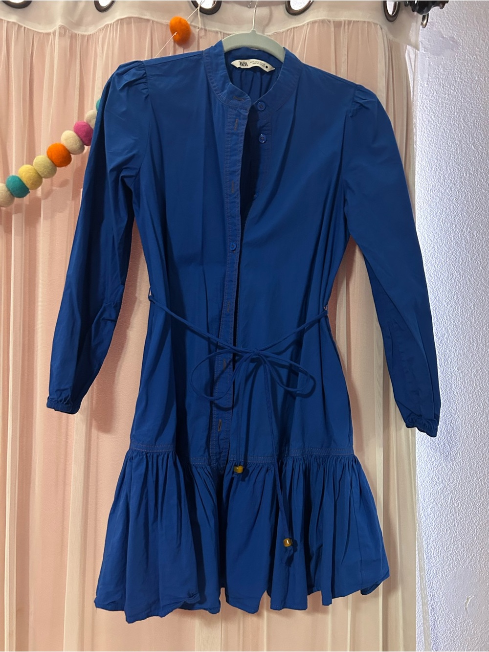 Zara Royal Blue Long-Sleeve Tie-Waist Tiered Dress